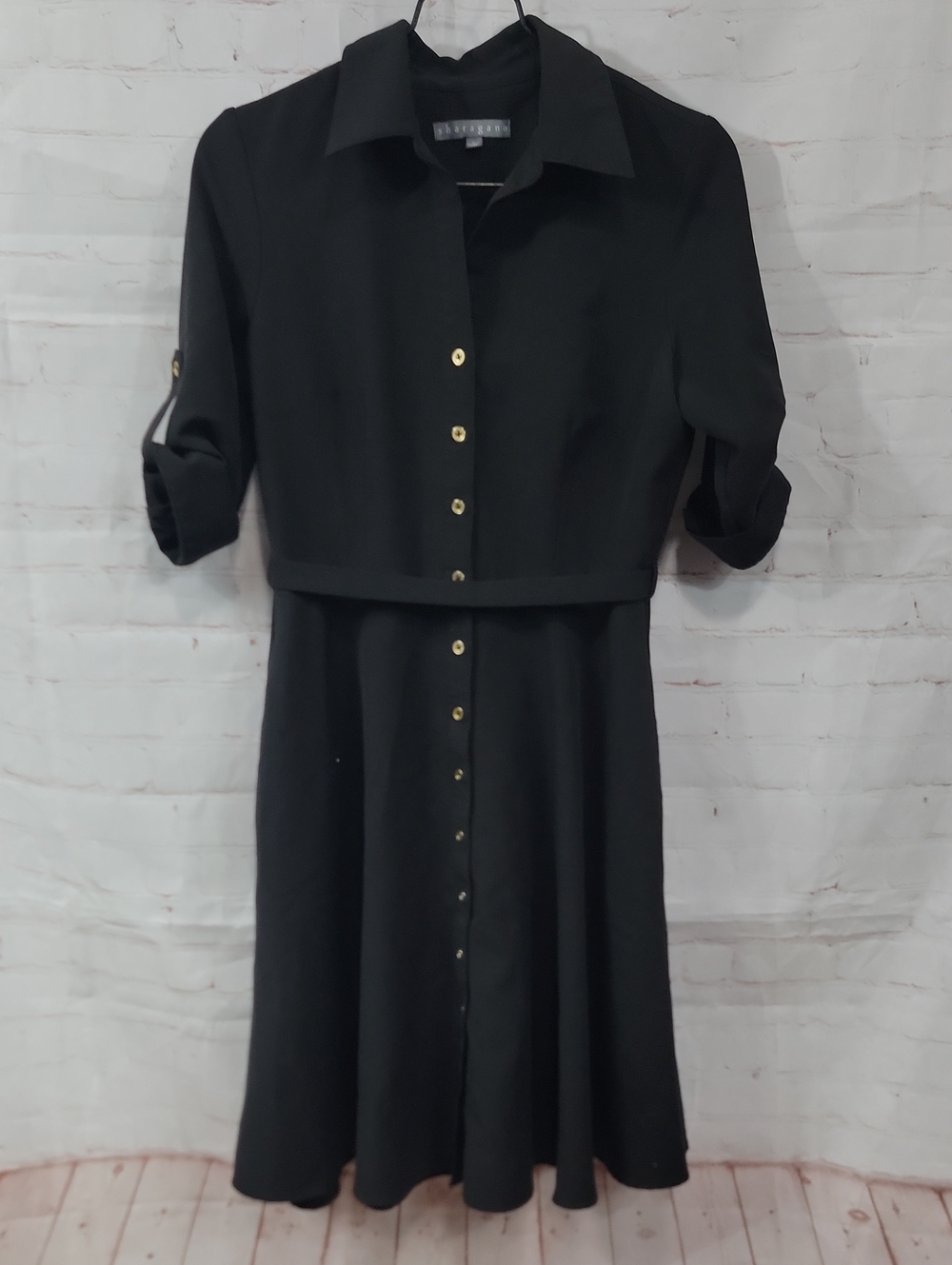 Sharagano Black Midi Shirt Dress with Gold Buttons